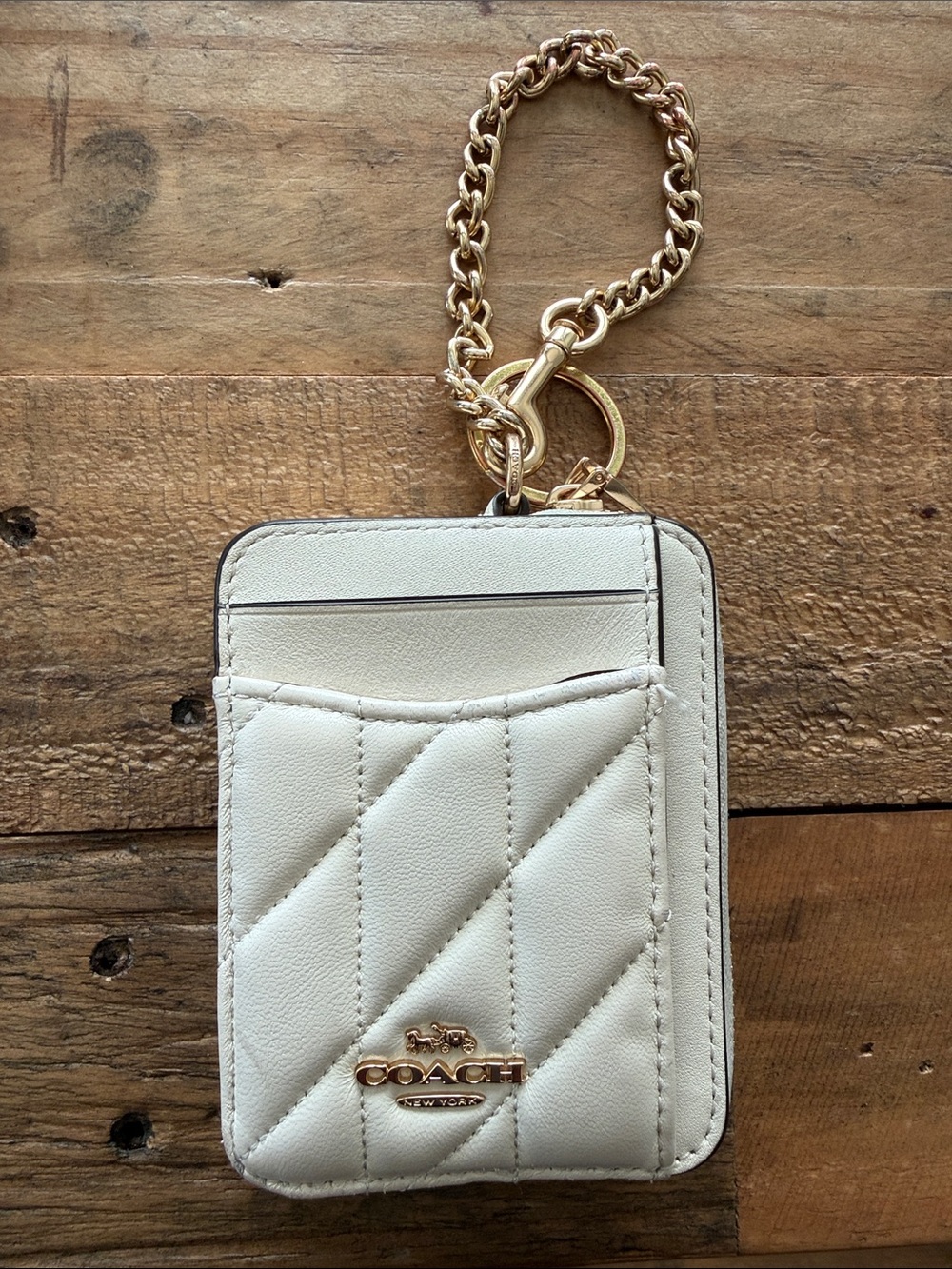 Coach Quilted Card Holder with Gold Chain - Cream (small scuff shown in image)